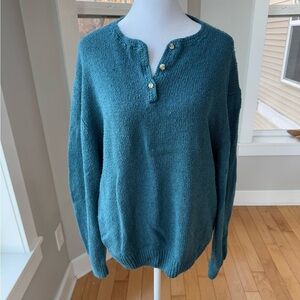Vintage Orvis Teal Blue Silk Cotton Henley Sweater Size XL
